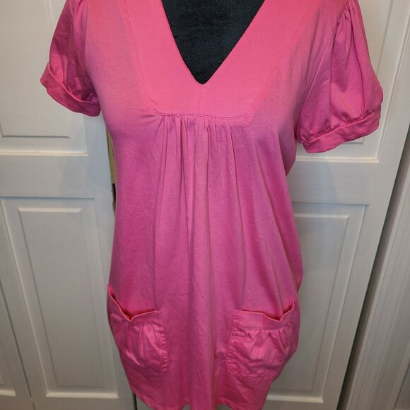 hannah Tops - Vintage Y2K Pink Tunic Puff Sleeves Patch Pockets Hannah S Preppy 00s Y2K Retro